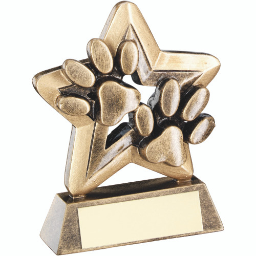 Mini gold dog agility pawprints award that includes FREE engraving.