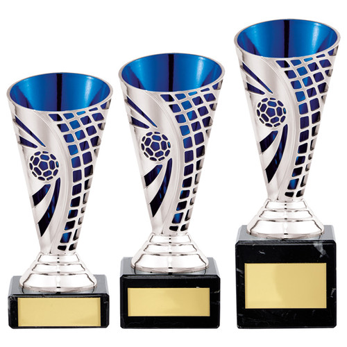 Silver and Blue defender football trophy