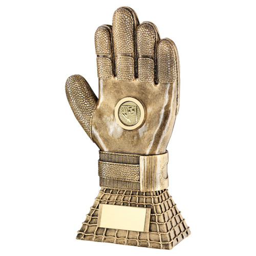 Resin football goalkeeper glove trophy with gold football insert.