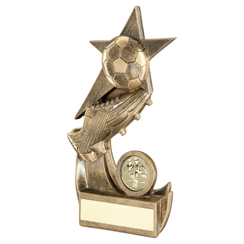Football shooting star trophy with gold logo.