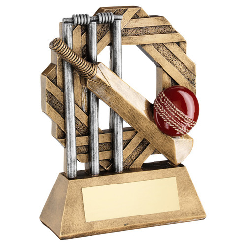 Octo ribbon cricket award with gold bat silver wickets and a red cricket bowling ball