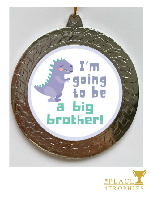 Big Brother Dinosaur Medal - Family Announcements, New Baby Celebrations, Gift Ideas
High quality thick medal - Height 70mm 
Available in gold, silver or bronze. 