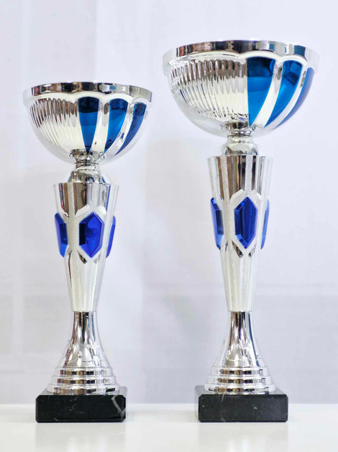 Pair of Silver & Sapphire Blue Jewel Cup Awards on Marble Bases