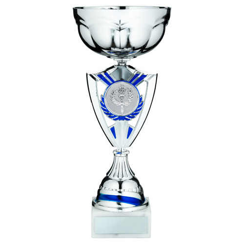 Silver & Blue Shield Trophy Cup With Custom Logo 