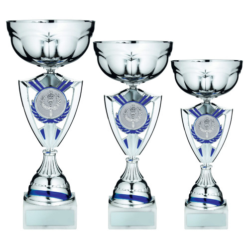 Silver & Blue Shield Trophy Cup With Custom Logo in 3 Sizes