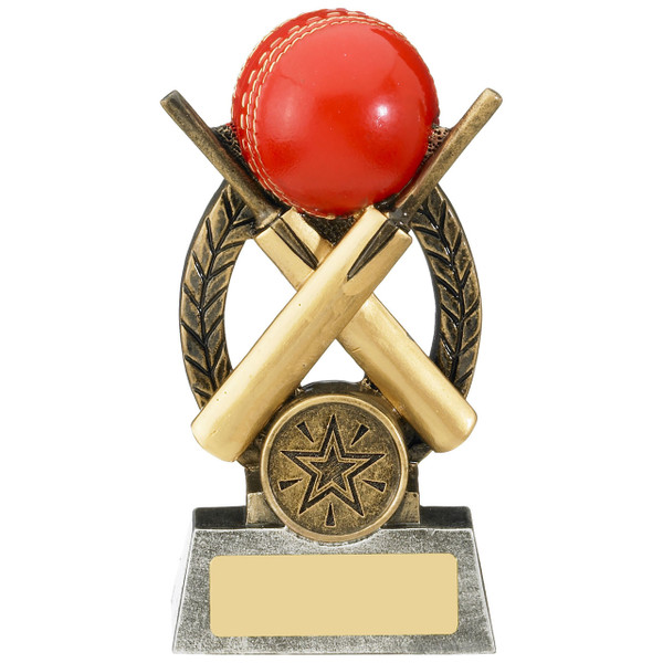 Escapade cricket award with two gold bats and a red cricket bowling ball