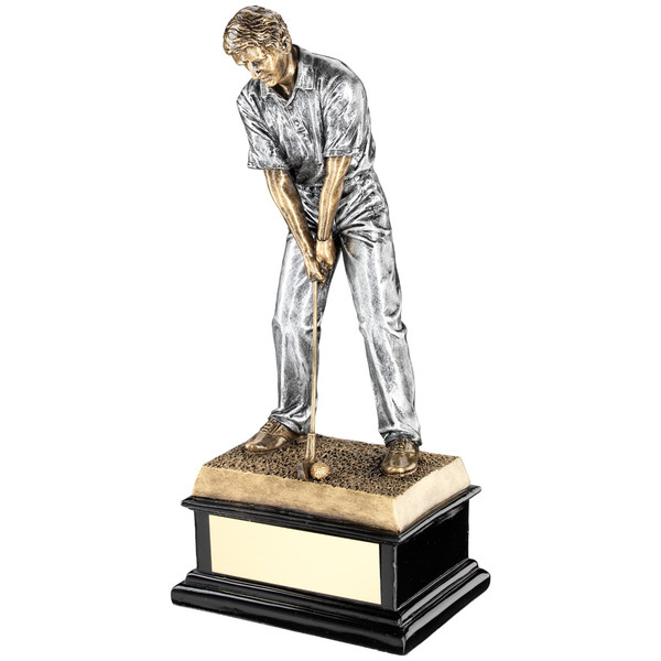 Superior trophy of a male golf figure ready to tee off. Excellent price for a quality award.
