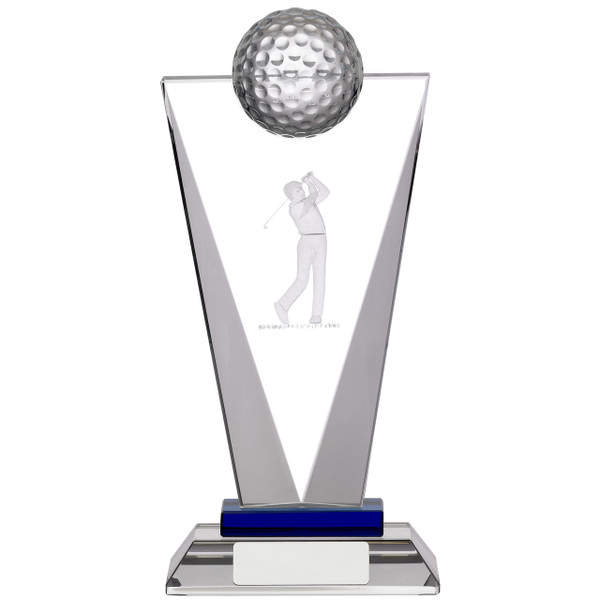 Pinnacle optic crystal glass laser engraved golf trophy available in 3 sizes and includes a FREE silk lined presentation box