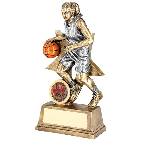 Resin female basketball player figure trophy. 2 sizes at excellent prices and with FREE personalised engraving too!