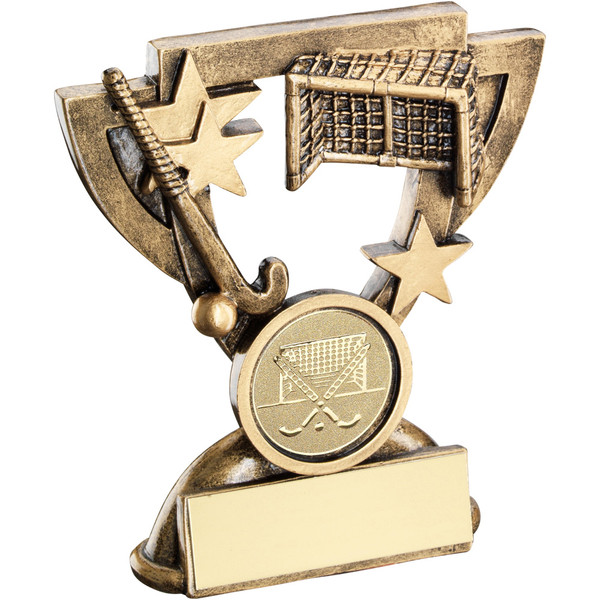 Hockey stick, ball and goal award on a cup shaped frame with stars. Available with FREE engraving.