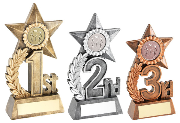 1st 2nd 3rd Place Star Awards in Gold Silver & Bronze resin. Available with FREE personalised engraving.