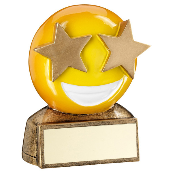 Smiley Face Gold Star Eyes Emoji Award. A great budget novelty trophy. RF954
