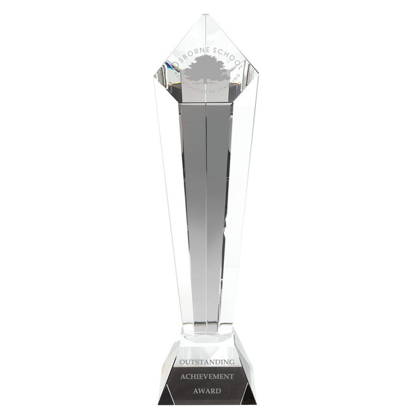 Exquisite pointed tower premium glass trophy available with optional customised engraving.
