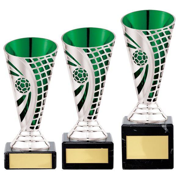 Silver and green defender football trophy