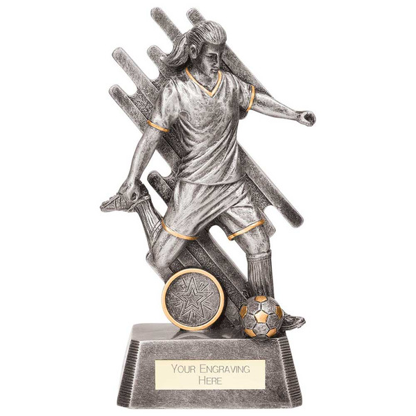 Focus Silver Female Football Figure Award With Gold Detailing