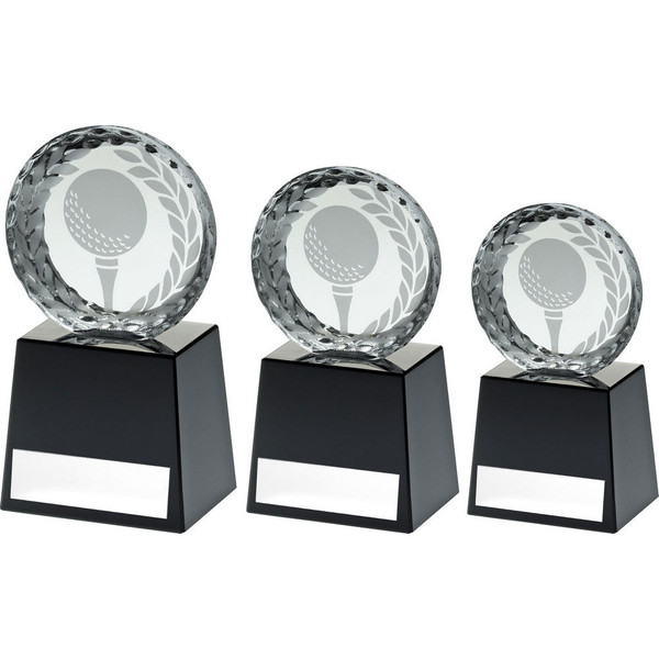 Clear Glass Golf Circle With Image On Black Plinth in 3 Sizes