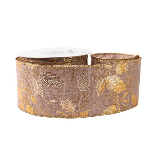 Natural Gold with Holly Ribbon (63mm x 10yds) Natural Gold with Holly Ribbon (63mm x 10yds)