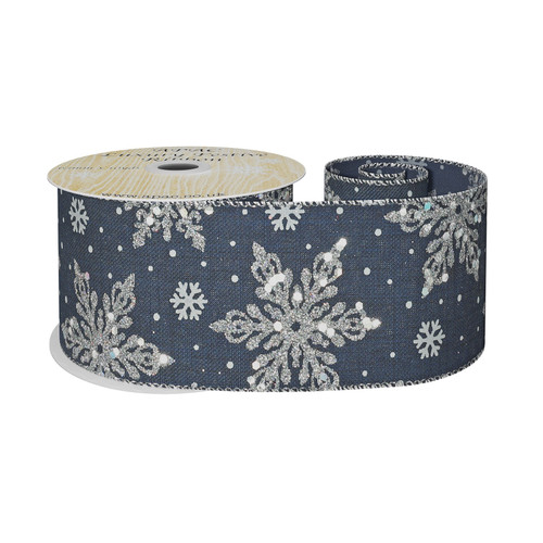Dark Blue with Silver Snowflakes Ribbon (63mm x 10yds)