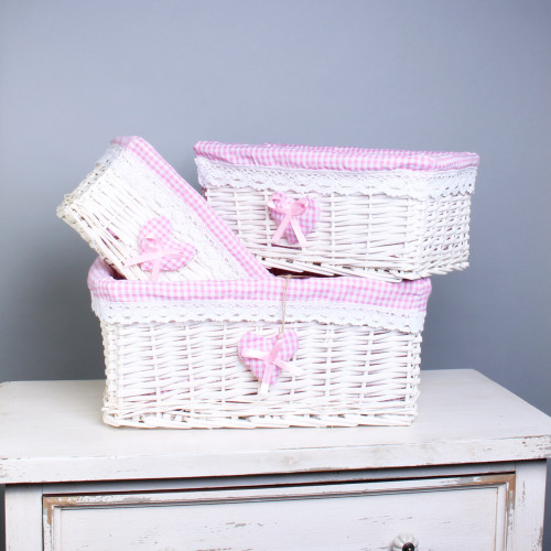 Set of 3 White Basket W/Pink Liner Set of 3 White Basket W/Pink Liner