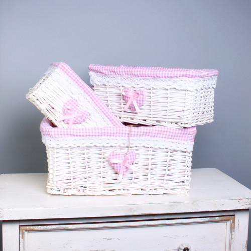 Set of 3 White Basket W/Pink Liner