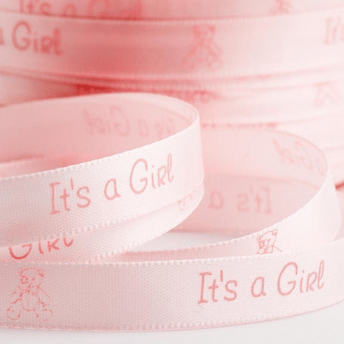 'Its A Girl' Pale pink satin ribbon with teddy 10mm x 25m