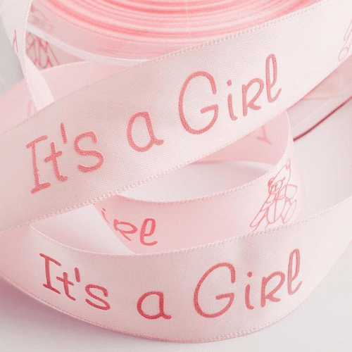 'Its A Girl' Pale pink satin ribbon with teddy 25mm x 20m