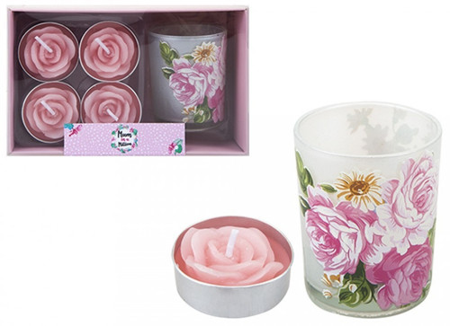 Floral Votive & Pink Rose Candle Set