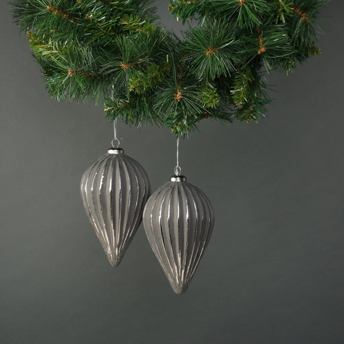 Naida Glass Large Drop Bauble Pewter & Silver (Set of 4)