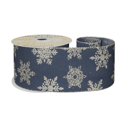 Navy Ribbon with Gold Glitter Snowflake (63mm x 10yd)