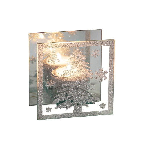 Square Glass Tealight Holder with Christmas Tree Design Square Glass Tealight Holder with Christmas Tree Design