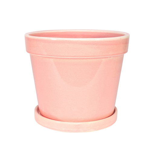 Pink Vintage Stoneware Painted Pot with Saucer (17cm x 15cm)