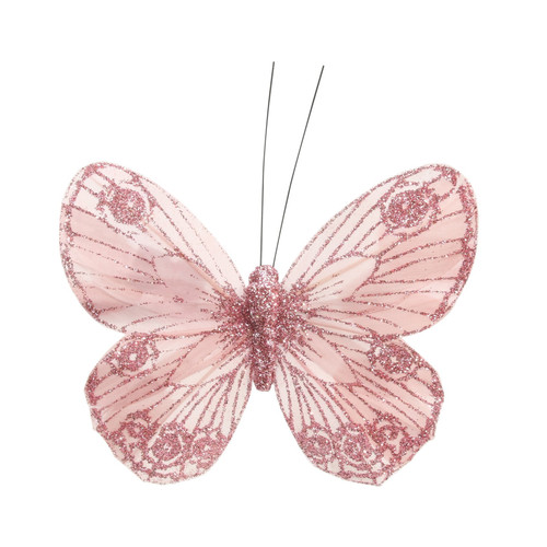 12cm Baby Pink Feather & Glitter Butterfly (Pack of 12)