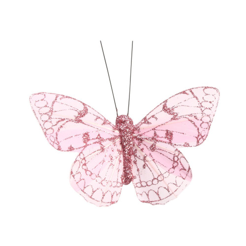 8cm Pink Feather & Glitter Butterfly (Pack of 12)