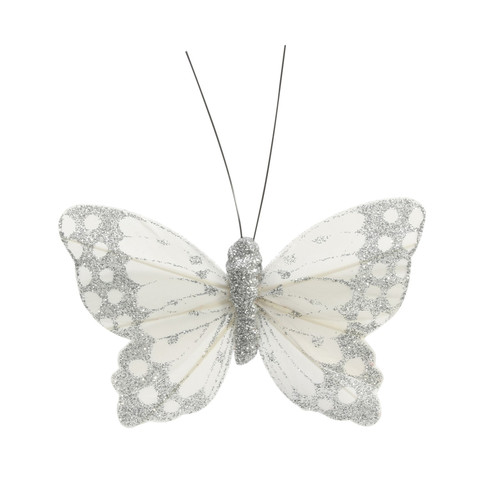 9cm Silver Ivory Feather & Glitter Butterfly (Pack of 12)