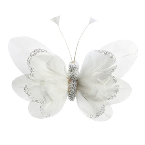 14cm White Feather & Glitter Butterfly (Pack of 6)