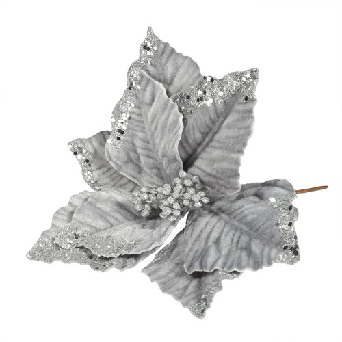 Silver Velvet Poinsettia with Glitter Edge (Dia24cm)