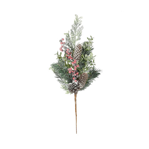 Frosted Christmas Foliage, Cone &  Red Berry Pick (H49cm)