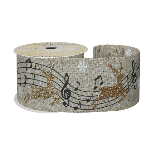 Natural Ribbon With Gold Reindeer and Musical Notes (63mm x 10yd) Natural Ribbon With Gold Reindeer and Musical Notes (63mm x 10yd)