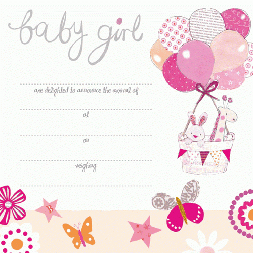 Baby Girl birth announcement card - Balloons & butterfly design