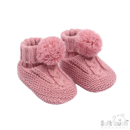 Dusty Pink Elegance Cable Knit Bootees with Pom Pom (NB-12 Months)