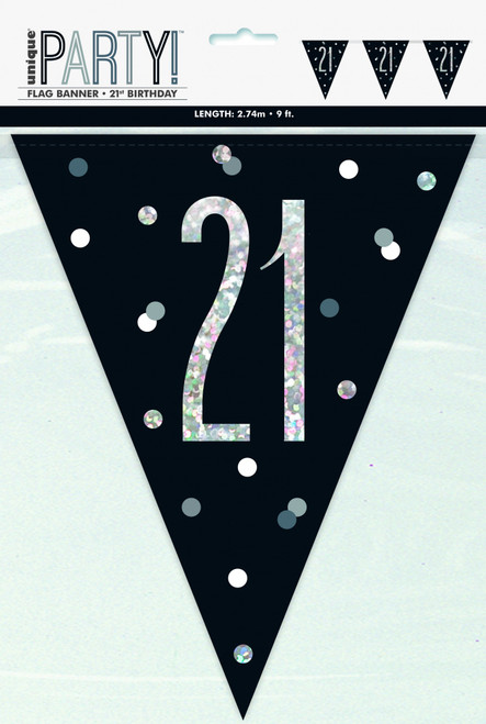 Black and Silver Prismatic Plastic Flag 21st Birthday Banner (2.74m)