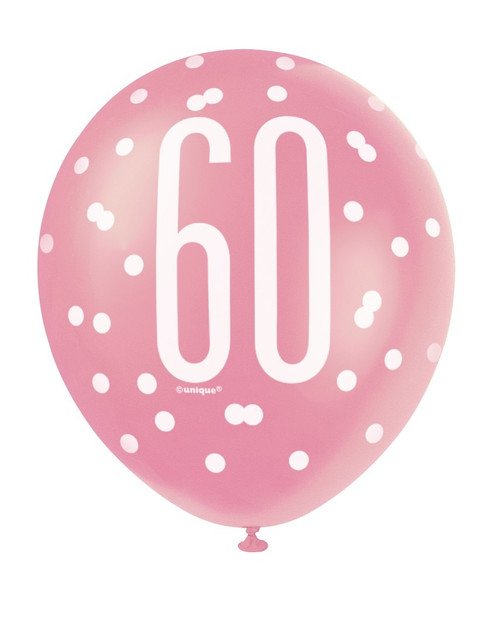6 Stück Pinke Latex-Ballons '60th Birthday' | 27 Cm Durchmesser | Mit Glitzer | Für Luft Oder Helium