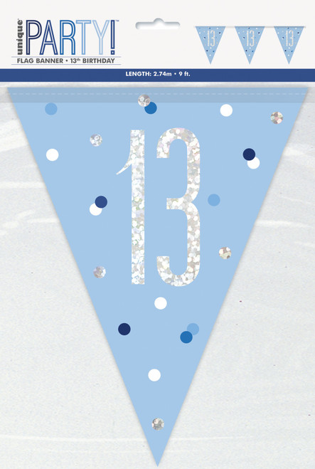 Blue and Silver Prismatic Plastic 13th Birthday Flag Banner