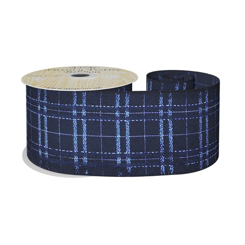Navy Wired Ribbon with Metallic Check Details (63mm x 10 yards) 