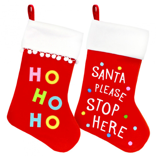 Christmas Text Stocking with Pompoms (Assorted Designs)