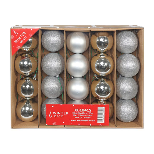 Silver Bauble on Wire - Matt/Shiny/Glitter (Pack of 20) Silver Bauble on Wire - Matt/Shiny/Glitter (Pack of 20)