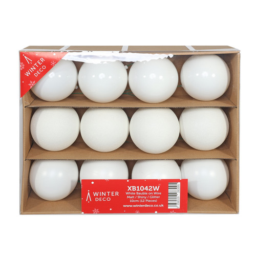 White Bauble on Wire - Matt/Shiny/Glitter (Pack of 12) 