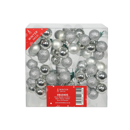 Silver Bauble on Wire - Matt/Shiny/Glitter (Pack of 72) 