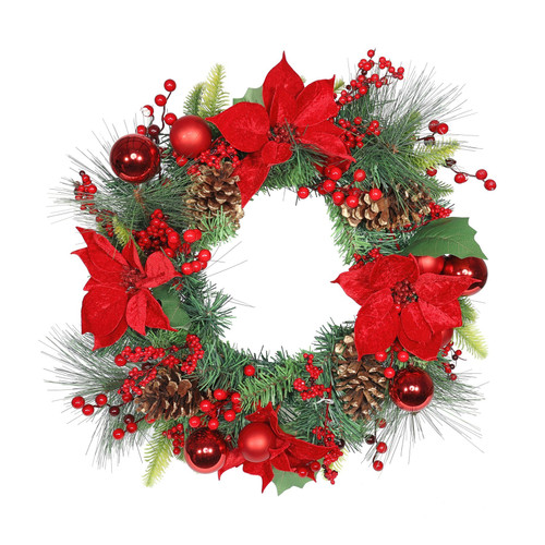 Red Poinsettia & Bauble Wreath (50cm) Red Poinsettia & Bauble Wreath (50cm)