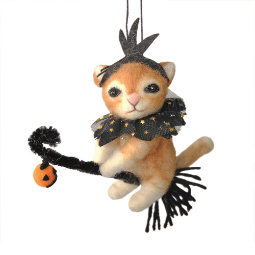 Felt Fancy Ginger Cat on a Broomstick Hanging Decoration (15.5cm) Felt Fancy Ginger Cat on a Broomstick Hanging Decoration (15.5cm)
